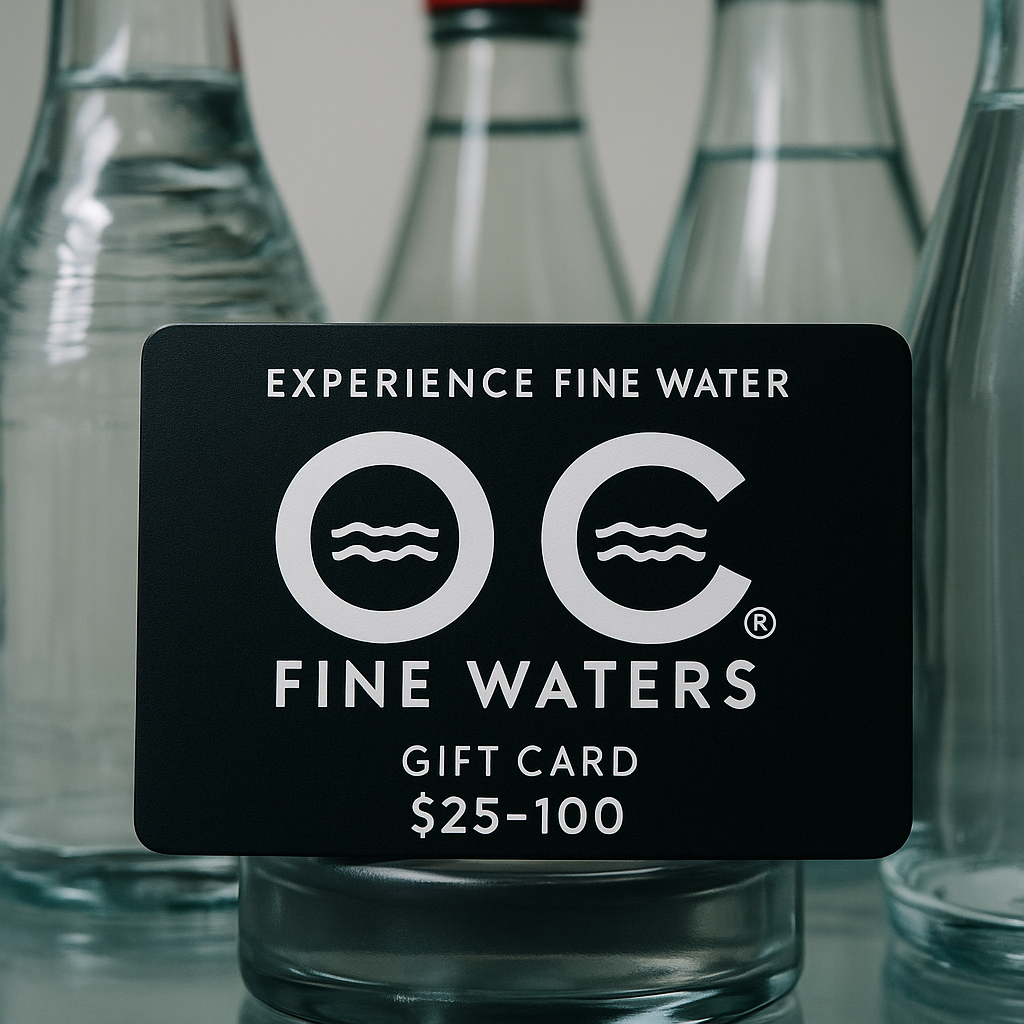 Gift card for OC Fine Waters displayed in front of clear bottles.